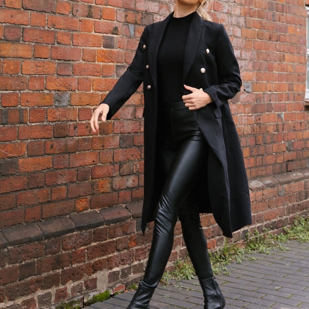 black button down  classic trench pea coat jacket - Picture 3 of 6